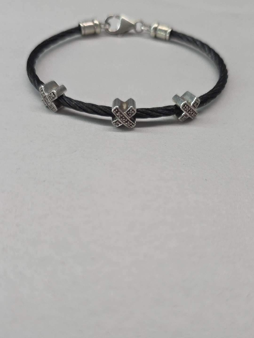 Sterling Silver And Black Stainless Steel Diamond X Station Bracelet Preowned
